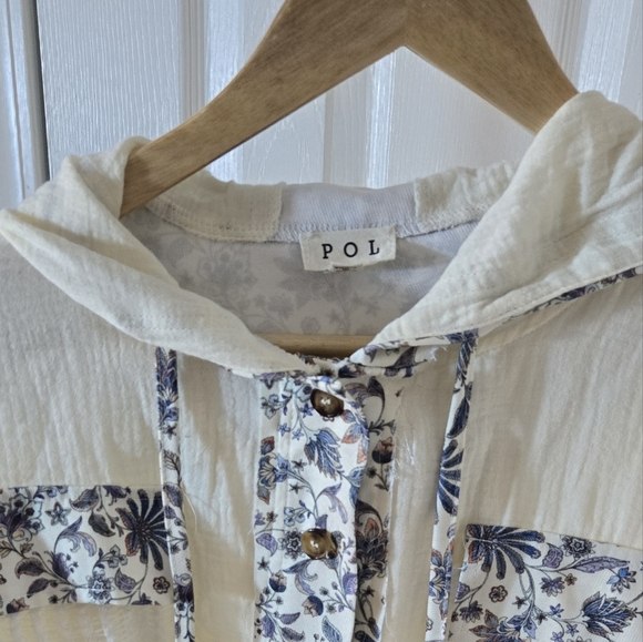 POL Cream and Blue Floral Gauze Hooded Top - Picture 2 of 3